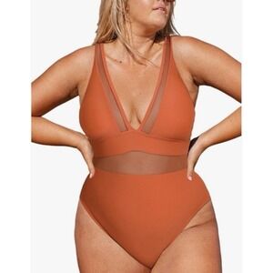 NWT Cupshe Women's Rust Orange Mesh Plunge V Neck One Piece Swimsuit Size 3X